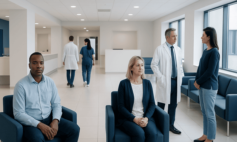 Patients and doctors in a modern hospital waiting area.