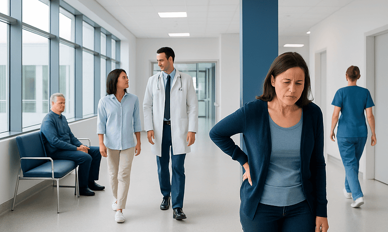Woman with back pain in hospital corridor with medical staff and patients.