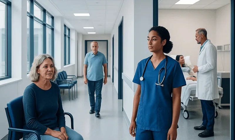 Healthcare professional speaking with a patient in a hospital corridor.