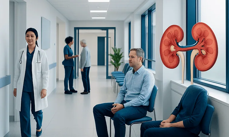 Hospital corridor with patients and medical staff, kidney model on window ledge.