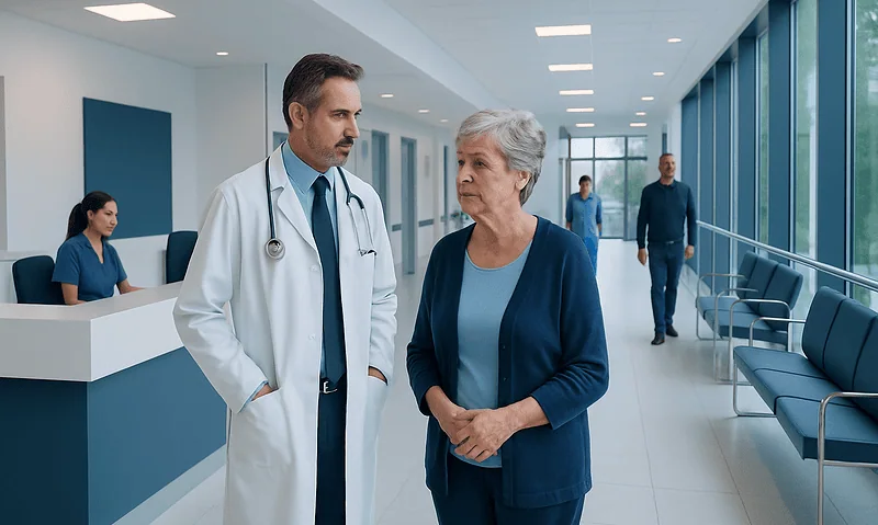 Doctor consulting with an elderly patient in a modern hospital corridor.