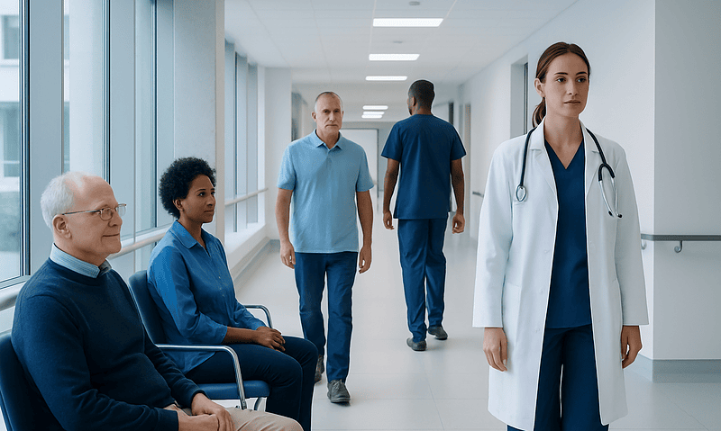 Medical staff and patients in a hospital corridor, healthcare setting.