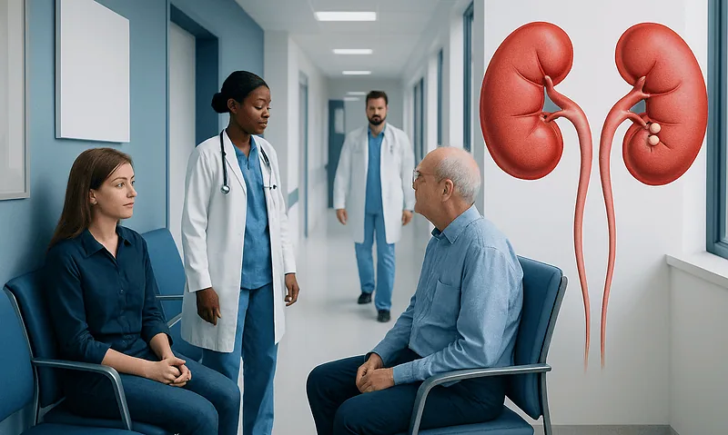 Medical consultation about kidney health with a 3D kidney model in hospital corridor.