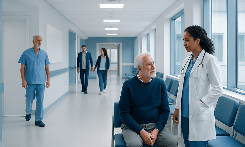 What Is Congestive Heart Failure? Types, Stages, and What to Expect 13 Hospital corridor with a doctor consulting an elderly patient.