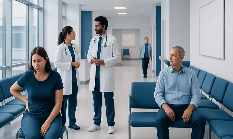 Patients and doctors in a hospital waiting area.