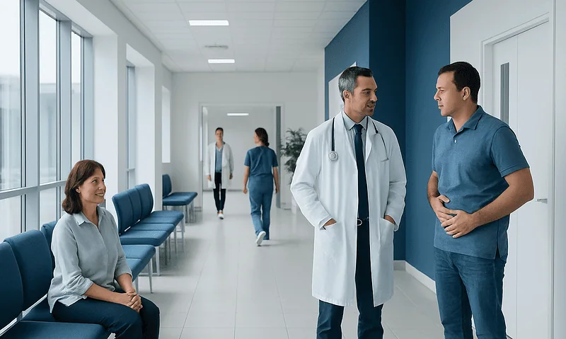 Kidney Stones in Turkey: What to Expect, Costs, and Choosing Care 18 Urologist consulting with patient in hospital corridor at Acibadem Hospitals.