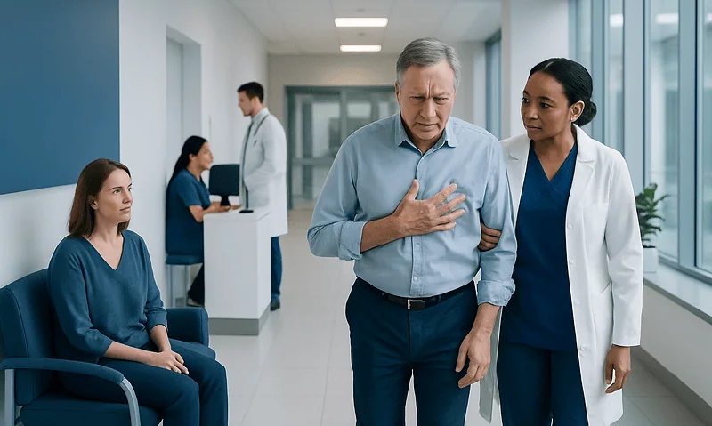 Heart Attack Symptoms: What It Can Feel Like and When to Call Emergency Services 10 Senior man experiencing chest pain with nurse in hospital corridor.