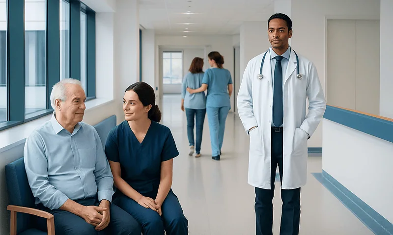 Kidney Failure: Stages, Treatment Options, and Realistic Recovery Expectations 17 Doctor consulting with elderly patient and nurse in hospital corridor.