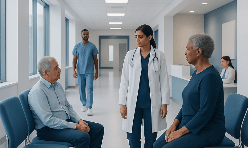 Congestive Heart Failure: Symptoms, Causes, and Daily Management 6 Doctor consulting with elderly patients in hospital corridor.