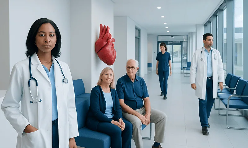 Cardiovascular Disease: Causes, Risk Factors, and How It Progresses 5 Medical team and patients in a hospital corridor with a heart model.
