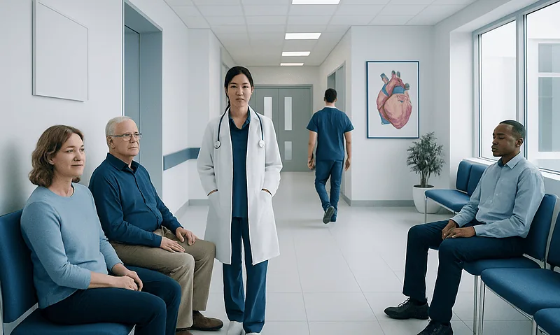 Cardiovascular Disease: Causes, Risk Factors, and Prevention Basics 18 Medical consultation in a hospital corridor with diverse patients and a doctor.