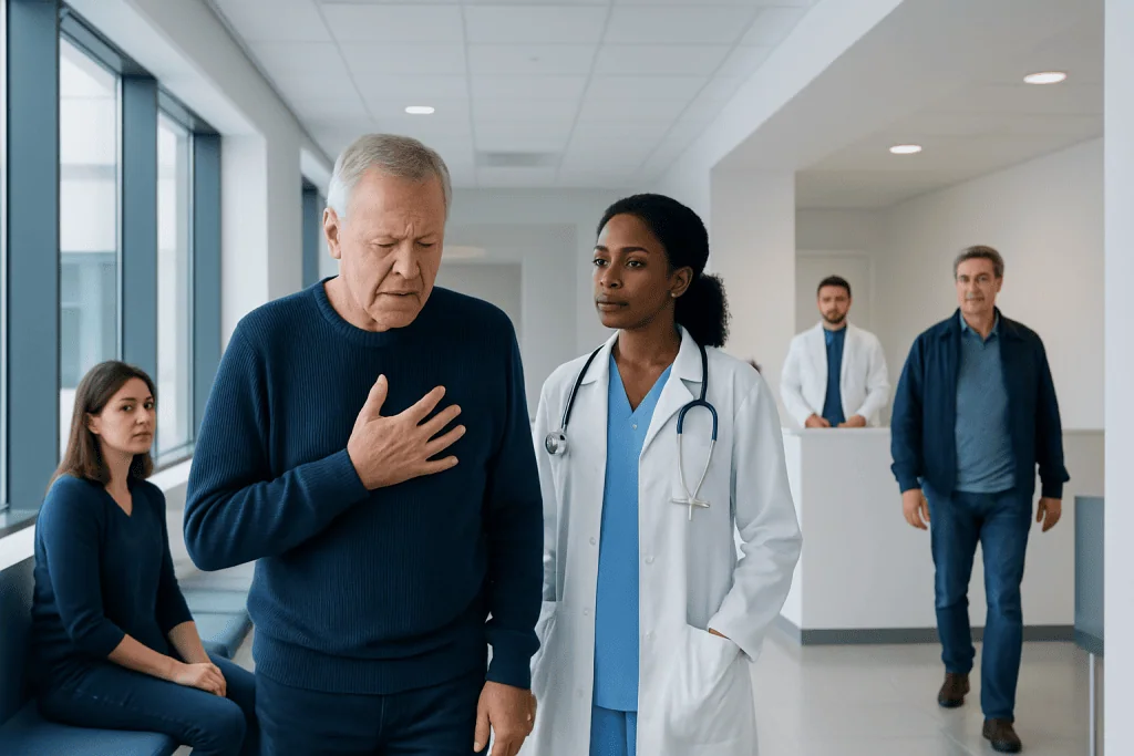Heart Failure Symptoms: When to See a Doctor 1 Senior man experiencing chest pain in hospital corridor with medical staff nearby.