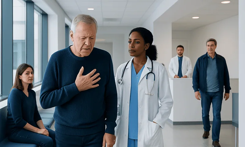 Heart Failure Symptoms: When to See a Doctor 17 Senior man experiencing chest pain in hospital corridor with medical staff nearby.