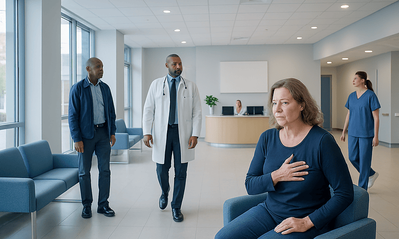 Heart Attack: Warning Signs, Causes, and Emergency Care 15 Patient experiencing chest pain in hospital waiting area with medical staff nearby.