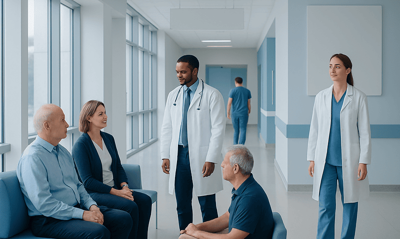 Cardiovascular Disease: Risk Factors and Prevention 11 Medical team consulting with patients in hospital corridor.