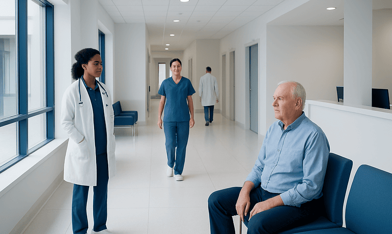 Congestive Heart Failure: Symptoms, Causes, and When to Seek Care 12 Doctor consulting with elderly patient in hospital corridor.