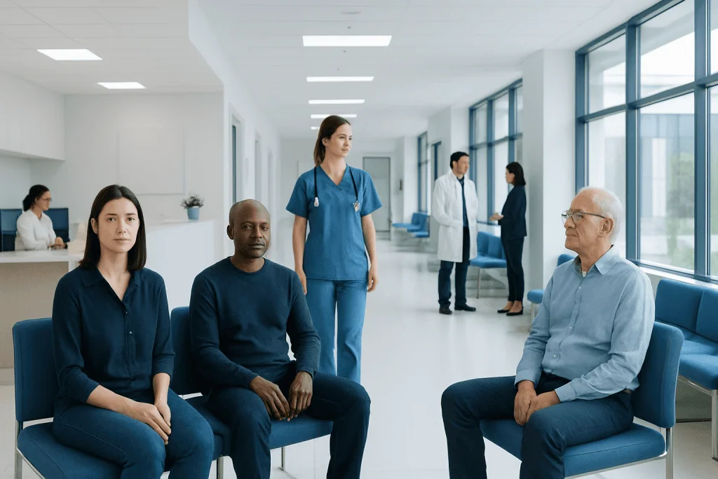 What Is a Normal Heart Rate? 1 Patients waiting in a hospital corridor with medical staff nearby.