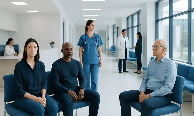 What Is a Normal Heart Rate? 10 Patients waiting in a hospital corridor with medical staff nearby.