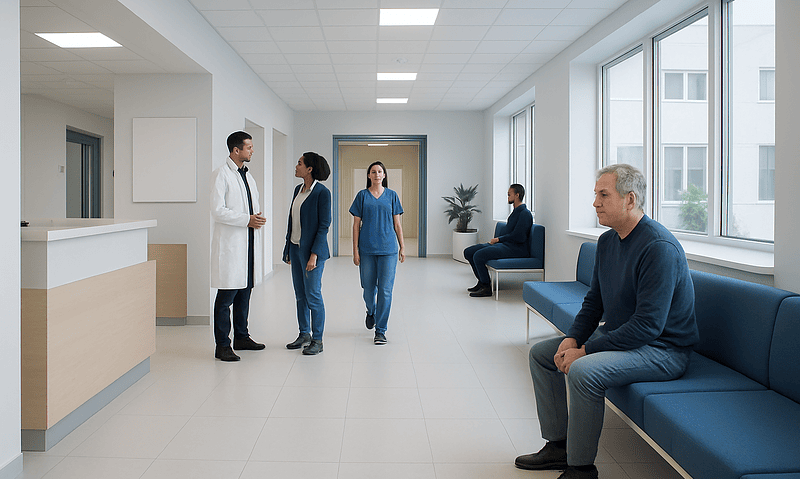 Heart Attack: What It Feels Like and When to Call Emergency Services 5 Hospital waiting area with patients and medical staff in a modern clinic.