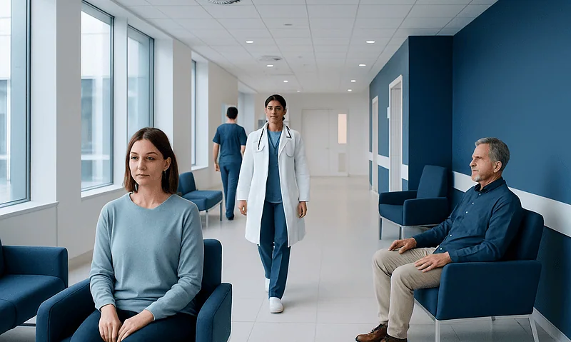 Patients waiting in a hospital corridor with a doctor walking by.