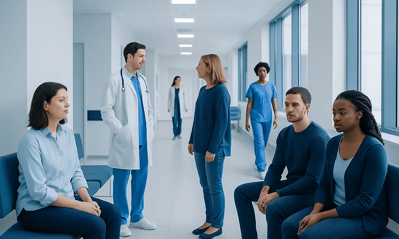 Medical professionals and patients in a hospital corridor.