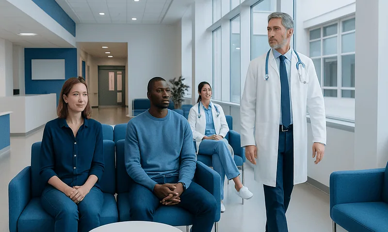 Medical consultation with diverse patients in a hospital waiting area.