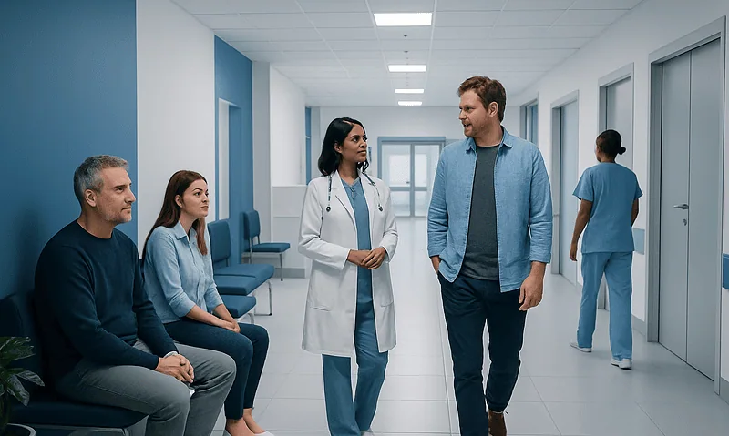 Medical staff and patients in a hospital corridor at Acibadem Hospitals Group.