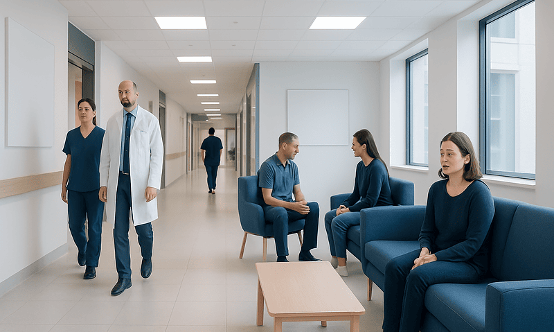 Medical professionals and patients in a hospital corridor and waiting area.