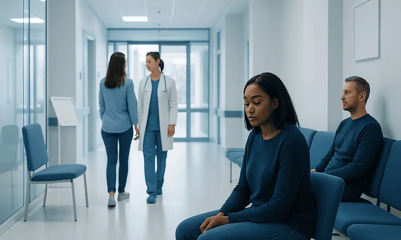 Patients waiting in a hospital corridor with a healthcare professional talking to a visitor.