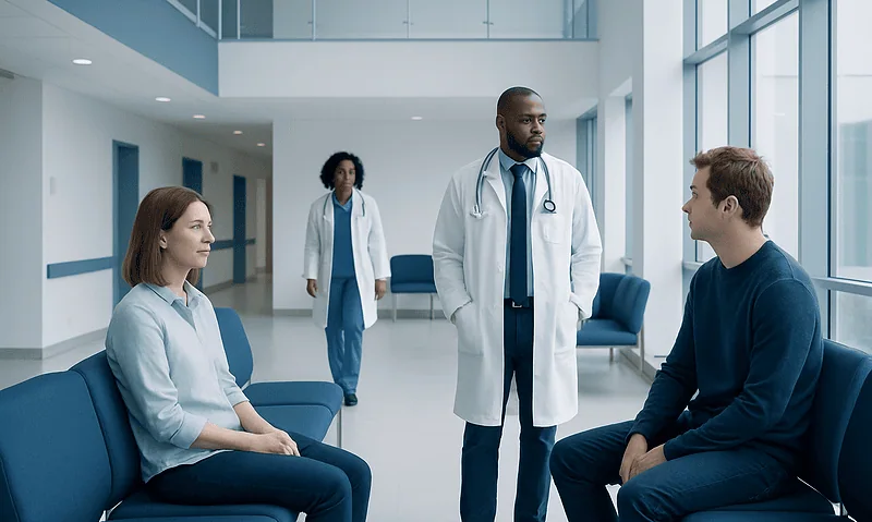 Medical consultation in a modern hospital with a doctor and patients.