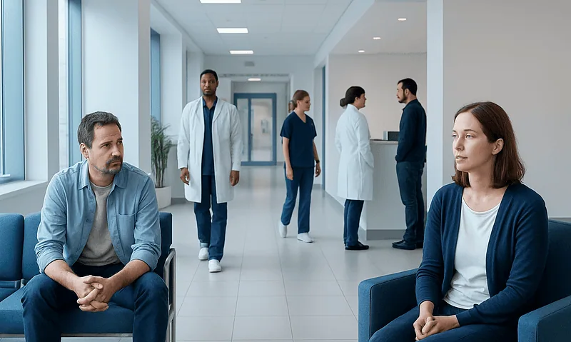 Patients waiting in a hospital corridor with medical staff in the background.