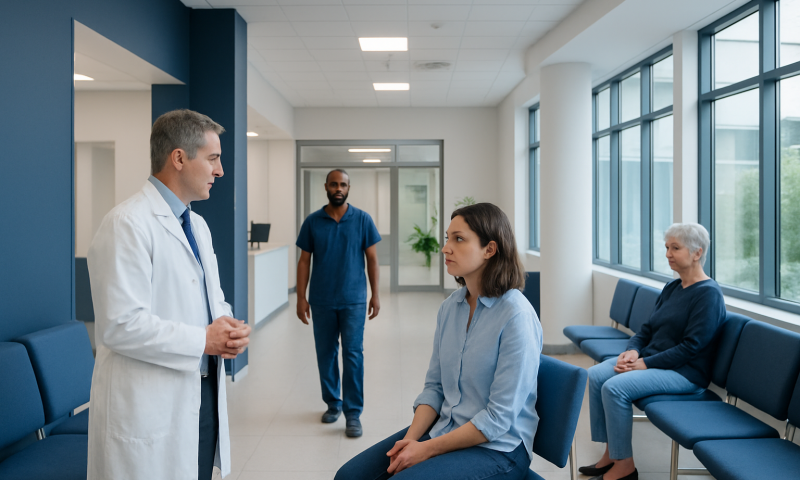 Doctor consulting with a patient in a hospital waiting area.