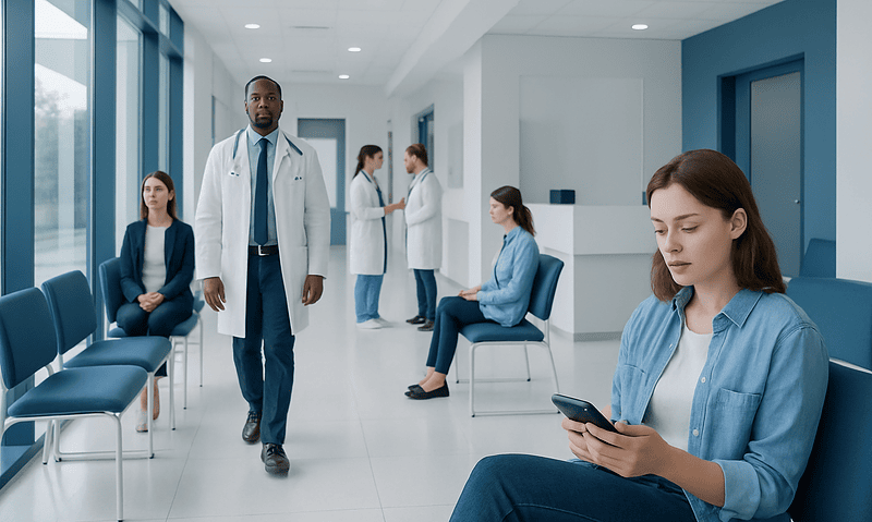 Patients waiting in a hospital corridor with medical staff present.