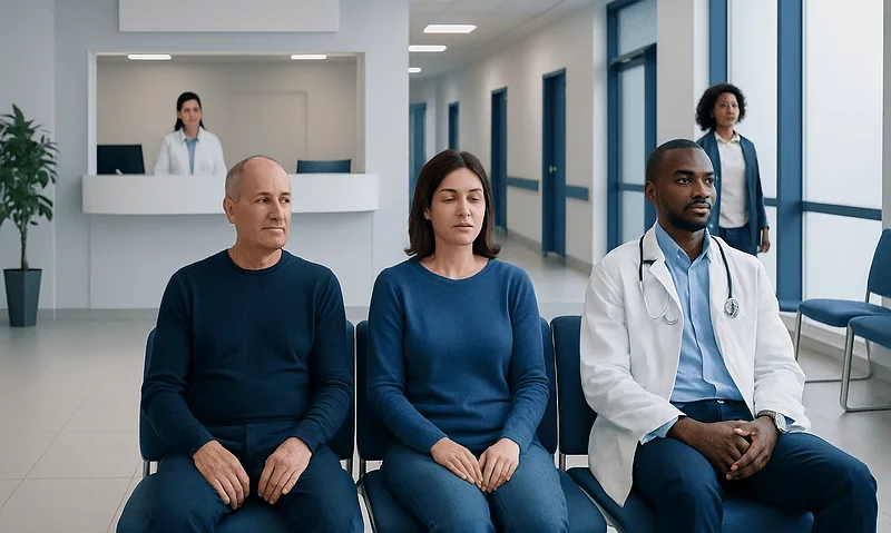 Patients waiting in a hospital corridor for medical consultation.