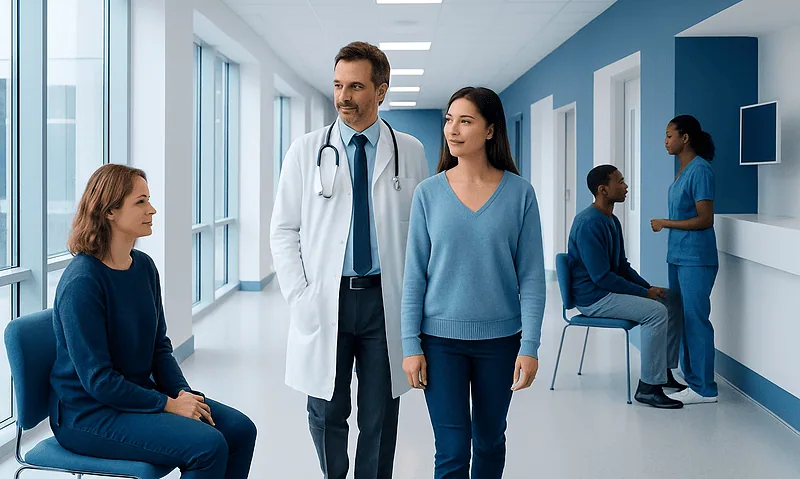 Medical team consulting patients in a modern hospital corridor.