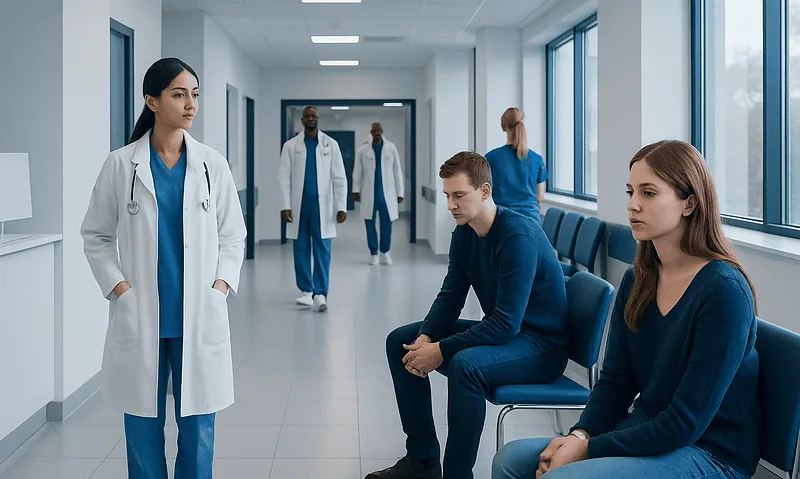 Medical professionals and patients in a hospital corridor.
