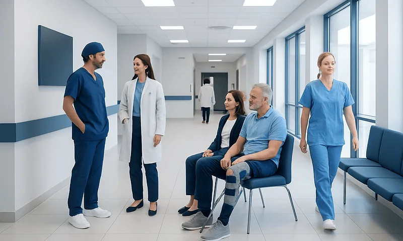 Orthopedic Surgery: How It Works and When It Is Needed 1 Medical team consulting with patients in hospital corridor.