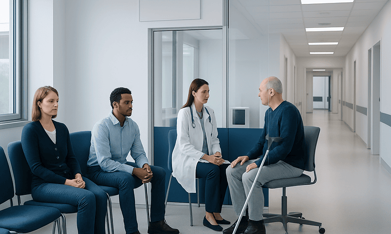 What to Expect at an Orthopedic Appointment 12 Doctor consulting with patients in a hospital corridor.