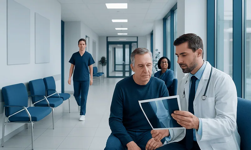 Orthopedic Diagnosis: What to Expect From X-Rays, MRI, and Physical Exams 1 Doctor explaining X-ray results to a patient in a hospital corridor.