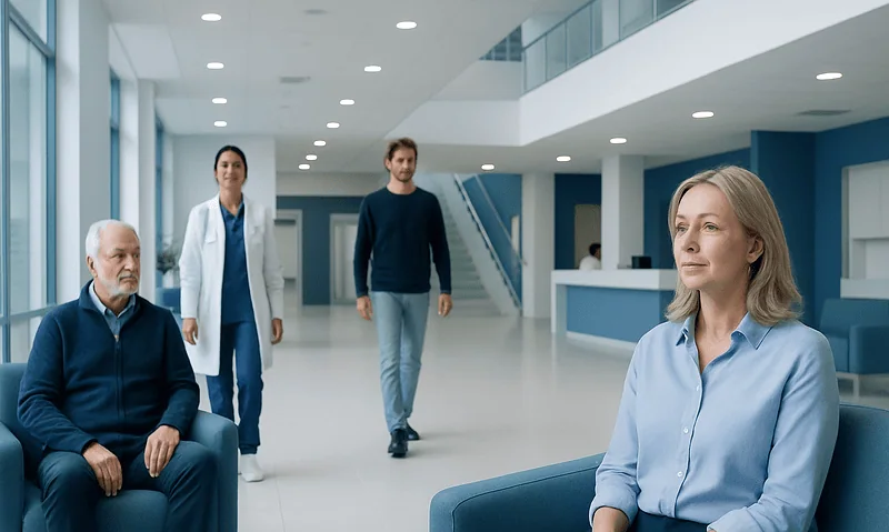 Medical consultation in a modern hospital lobby with patients and staff.
