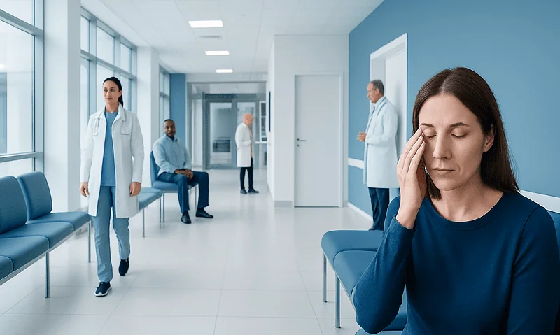 Woman with eye pain in hospital corridor with medical staff in background.