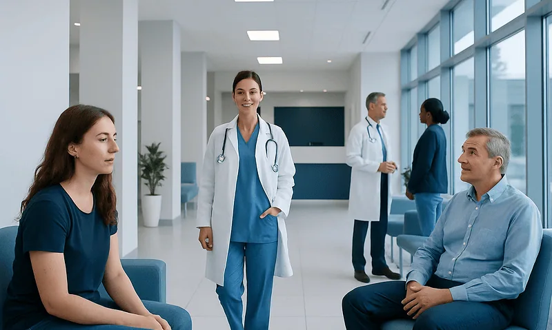 Medical consultation in a modern hospital with doctors and patients.