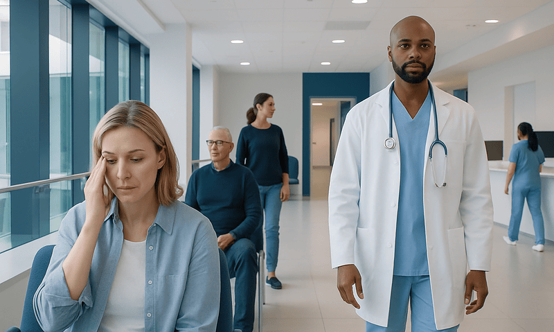 Patient waiting in hospital corridor with medical staff nearby.