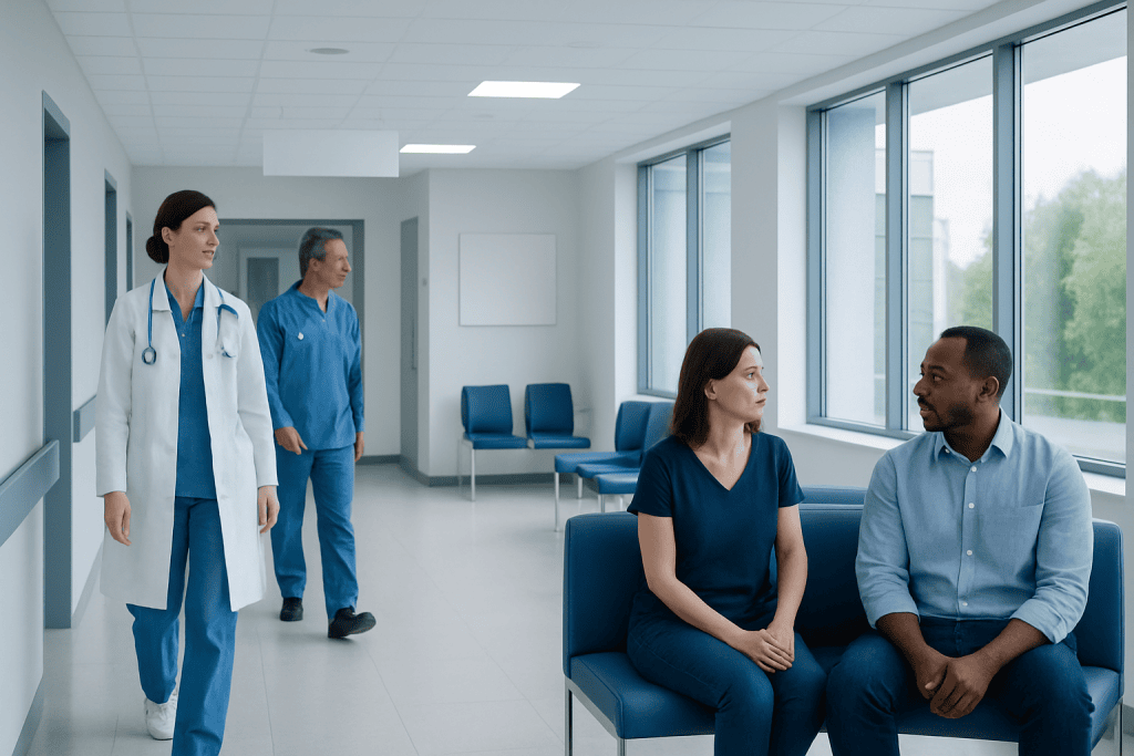 Gastric Bypass vs Gastric Banding: How the Procedures Compare 1 Patients waiting in a hospital corridor with medical staff nearby.