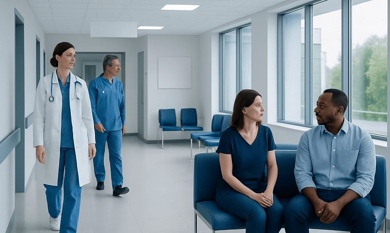 Patients waiting in a hospital corridor with medical staff nearby.