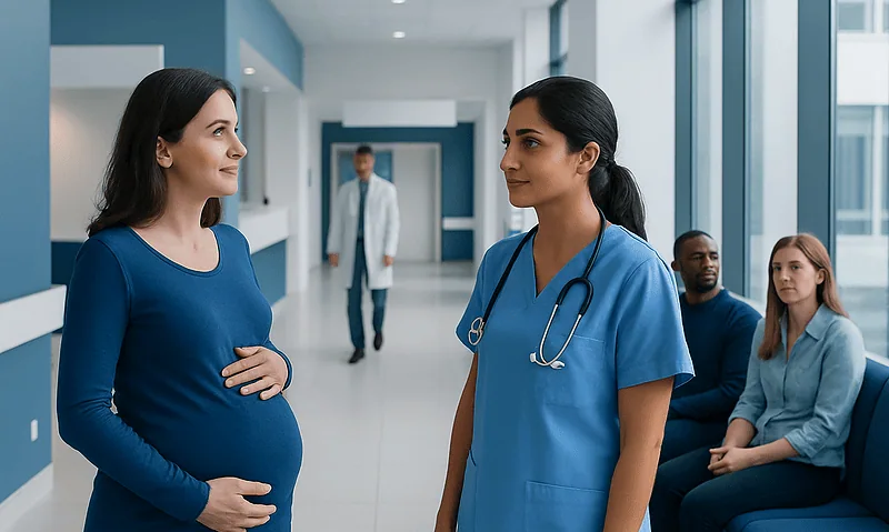 Pregnant woman consulting with a healthcare professional in a hospital corridor.