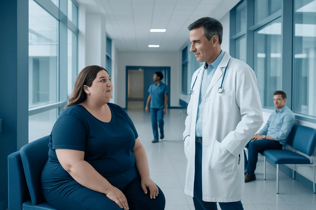Weight Loss Surgery: Which Procedures Are Available and How They Differ 1 Doctor consulting overweight woman in hospital corridor.