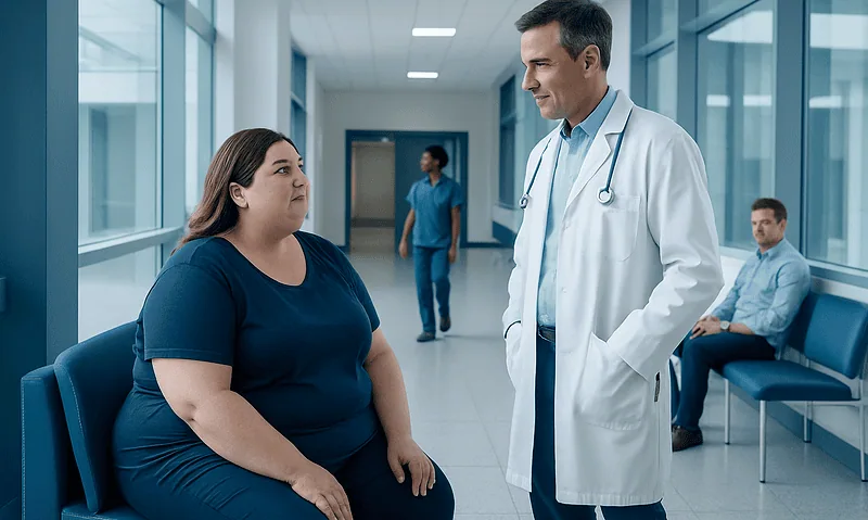 Doctor consulting overweight woman in hospital corridor.