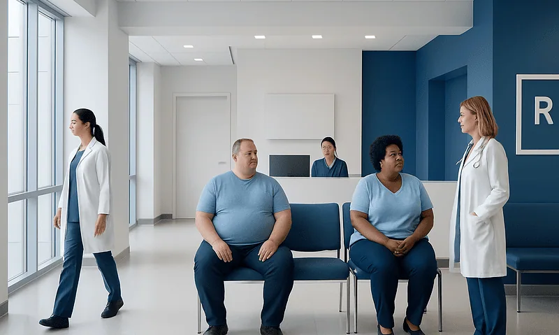 Patients waiting in a hospital corridor with medical staff nearby.