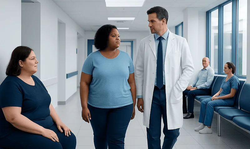 Doctor consulting with a patient in a hospital corridor.